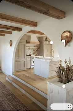 a kitchen with an archway leading to the living room and dining area, as well as potted plants