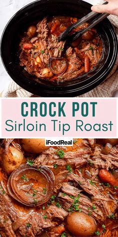 crock pot sirloin tip roast with potatoes and carrots in a slow cooker