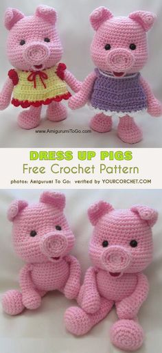 two crocheted pigs are holding hands and one pig is wearing a dress, the other has a skirt