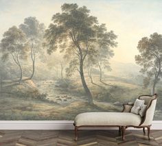 a painting on the wall of a room with a chaise lounge in front of it