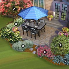 an image of a patio with table and umbrellas in the middle, surrounded by flowers