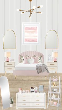 a pink and white bedroom with gold accents