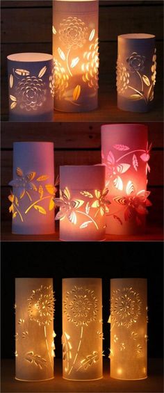 paper lanterns with flowers and leaves on them are lit up in different colors, shapes and sizes