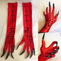 red gloves with black spikes on them are being displayed in an instagramtion post