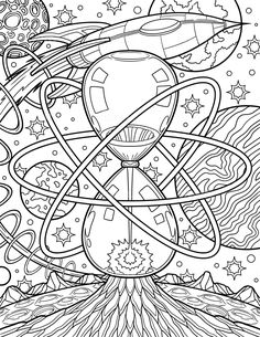 a coloring page with space and stars in the sky, as well as an alien ship