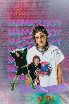 a man wearing a white shirt and black shorts standing in front of a poster with the words mamma's boy on it