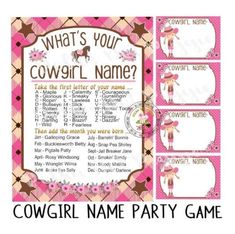 a cowgirl party game is shown with the name and numbers for each child's name