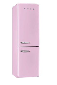 a pink refrigerator freezer sitting on top of a white wall