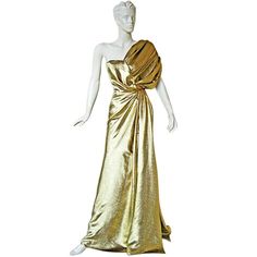 Reem Acra's grecian goddess liquid gold gown. Expertly and dramatically draped in silk gold lame. Boasts one-shoulder style, shirring at shoulder, crossover draped panels at bodice, gathered at front waist and finished with draped panels at skirt. Concealed side zipper with hook and eye closure; also a second interior zipper. Fully lined. Size:4; bust: to 32"; waist: 26"; hips: approx 35"; length: 66" Condition: brand new w/tags. Grecian Gown, Red Evening Gowns, Vintage Evening Gowns, Goddess Gown, White Ball Gowns, Grecian Goddess, Gold Gown, Reem Acra, Golden Goddess