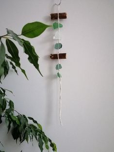 a wall hanging made out of wood sticks and glass beads with green leaves on it