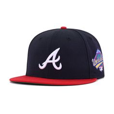 New Era Cap 59Fifty fitted hat for the Atlanta Braves in navy and red colorway, featuring 1992 World Series side patch. Celebrate the Atlanta Braves and their 1992 World Series appearance with this very special retro on-field from Hat Heaven. Unearthed from New Era archives, this cap is designed with left-sided side patches, which were the norm up until 2016. The absence of New Era side flags brings a breath of fresh air to this classic design. The best part? Kelly Green UV, which were a mainsta Scarlet Snow, World Series Logo, Embroidery Works, Green Bottom, New Era Cap, New Era 59fifty, New York Jets, Black Accents, Bold Black