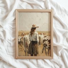 an oil painting of a man standing in front of cows on a bed with white sheets