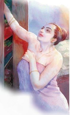 a painting of a woman leaning on a book shelf with her arm in the air