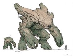 a drawing of a giant creature with two people standing next to it in the background