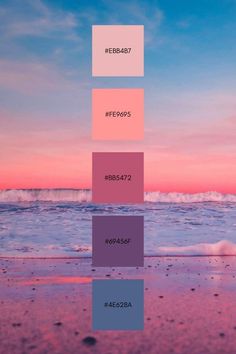 the beach is covered in pink, blue and purple hues