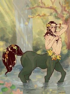 a man riding on the back of a horse next to a woman with flowers in her hair