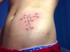 a woman's stomach with the chemical symbol for vitamins on her tummy