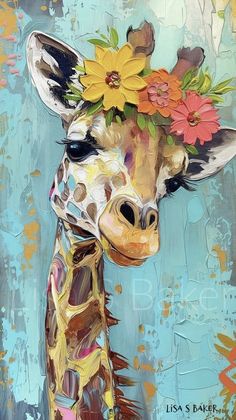 a painting of a giraffe with flowers on its head