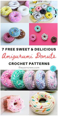 crocheted donuts are featured in this collage