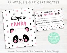 printable sign and certificate for a panda birthday party with pink polka dots on it