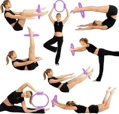 the woman is doing different exercises with her tennis racquets and exercise rings