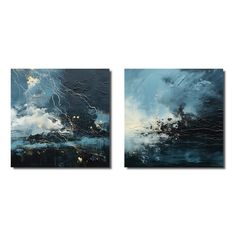 two paintings with blue and white paint on them, one is an ocean scene the other has