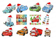 cars and trucks with santa hats on their heads are shown in this christmas themed set