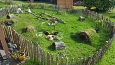 chickens are laying in the grass near a fenced in area with an animal pen