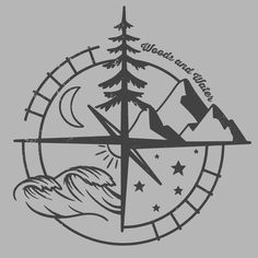 a compass with trees and mountains in the middle, surrounded by stars on a gray background