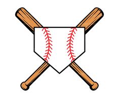 two baseball bats and a ball in the middle of a white banner with red stitching