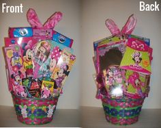 two pictures of the same basket each with different items in it and one has a pink bow on its head