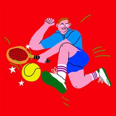 a drawing of a man running with a tennis racket and ball in his hand