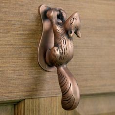 a close up of a door handle on a wooden door