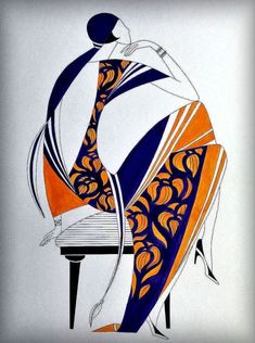 a drawing of a woman sitting at a table with an orange and blue dress on