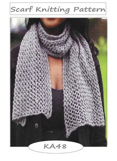 a woman wearing a knitted scarf with the text,'scarf knitting pattern '