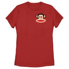 Get lost in the bright and colorful world of Paul Frank with all new officially licensed apparel featuring your favorite playful and happy characters from Planned Pines past and present! This classy women's graphic t-shirt features a portrait of the iconic Julius the Monkey printed on the left chest of the shirt. Grab one of these sweet new tees today and let your imagination run wild with these pop culture icons! Red Fun T-shirt With Funny Print, Fun Red T-shirt With Funny Print, Red T-shirt With Funny Print, Red Crew Neck T-shirt With Cartoon Print, Red Cartoon Print Crew Neck T-shirt, Red Novelty T-shirt With Crew Neck, Funny Red Top With Character Print, Funny Red Tops With Character Print, Red Novelty Crew Neck T-shirt