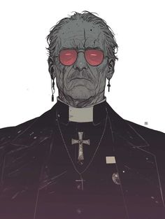 an old man with red glasses on his face and wearing a black coat, tie and cross necklace