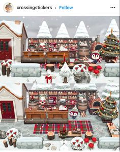 two pictures of christmas decorations and furniture in the snow