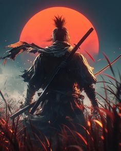 an image of a man holding two swords in front of the sun with grass and bushes