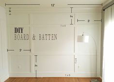 a room with measurements for the wall and floor in front of it that is labeled diy, board & batten