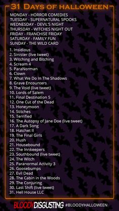 the 31 days of halloween list with bats and pumpkins in orange on black background