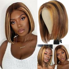 10 inch Short Bob Wig Human Hair Highlight  T Part Lace Front Wigs Blonde Brown Highlight Bob, 16 Inch Hair, Kort Bob, Brown With Blonde Highlights, Ombre Bob, Color Rubio, Wig Straight, Wig Human Hair, Colored Wigs