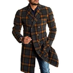 Men Long Woollen Wind Coat  Houndstooth Jacket Men Trench Coat - Bekro's ART Men Trench Coat, Mens Wool Overcoat, Coat 2020, Wind Coat, European Men, Men's Trench Coat, Houndstooth Jacket, Wool Overcoat, Plaid Outfits