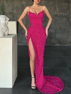 Sheath Prom Dress Sexy Red Sequin Straps Long Sweep Sleeveless Slit - Princessly Burgundy Mermaid Prom Dress, Green Wedding Dresses, Sequin Evening Gowns