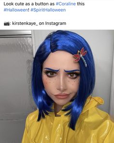 Coralina Halloween Costume, Coraline Make Up Halloween, Adult Coraline Costume, Cute Coraline Costume, Coraline Costume Makeup, Coraline Face Paint, Caroline Makeup Halloween, Coraline Eye Makeup, Halloween Costumes With Blue Hair