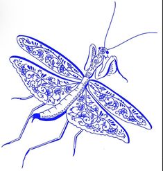 a blue and white drawing of a dragonfly