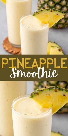 pineapple smoothie in three glasses with the title overlay