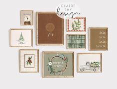 there are many different framed pictures on the wall with words above them that read clarie shy designs