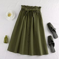 Midi Knee Length Elegant Button High Waist Skirt – lastrafashion Casual Solid Color Belted Skirt, Belted Solid Color Skirt For Summer, Solid Belted Summer Skirt, Solid Colored Summer Skirt With Belt, Green Buttoned Skirt For Summer, Casual Green Buttoned Skirt, Casual Green Skirt With Buttons, Jane Outfits, Pleated School Skirt