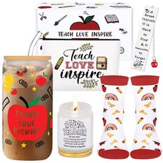 the teacher's gift box includes socks, candle, tea light holder and more